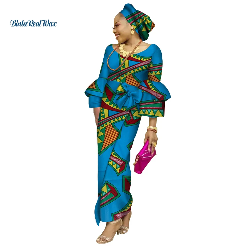 Африканские платья для женщин Базен Riche 100% хлопок бант-галстук оборки рукав принт Длинные вечерние платья африканская одежда WY3608