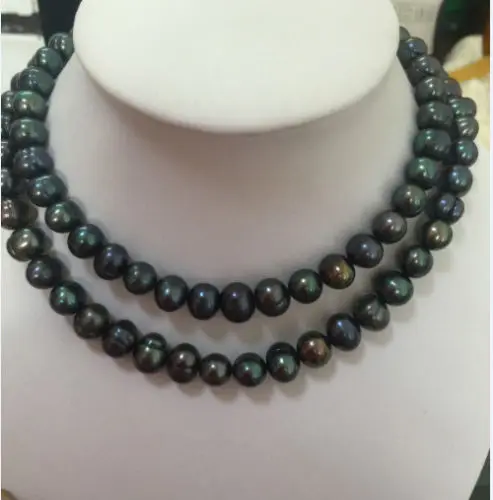 

08148 double strands 12-11mm baroque tahitian black green pearl necklace