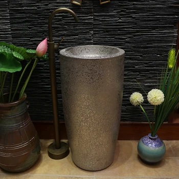 

Retro Integrated Column Basin Bathroom Ceramic Basin Vertical Hand Basin art gold and silver Washbasin pedestal basin