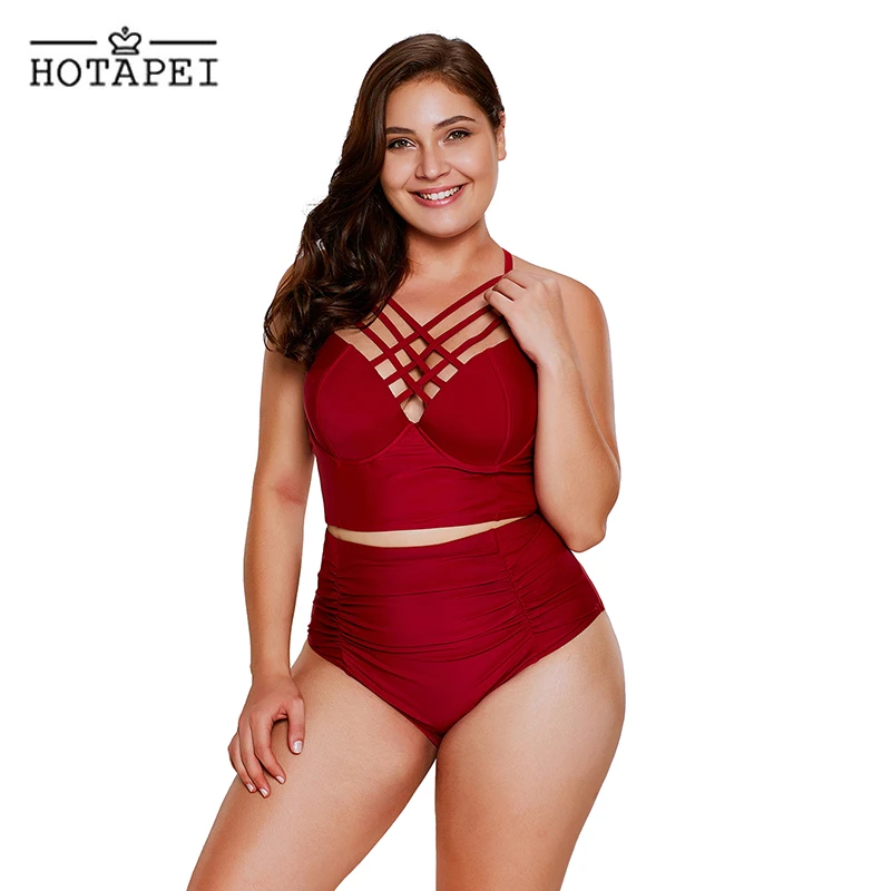 Hotapei новый плюс Размеры Купальники Черный Strappy Шея деталь Высокая талия Купальник