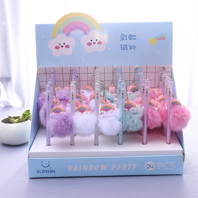 

Cute Rainbow Party Ball Plush Pendant Gel Pen Ink Signature Pen Promotional Gift Stationery School & Office Supplies