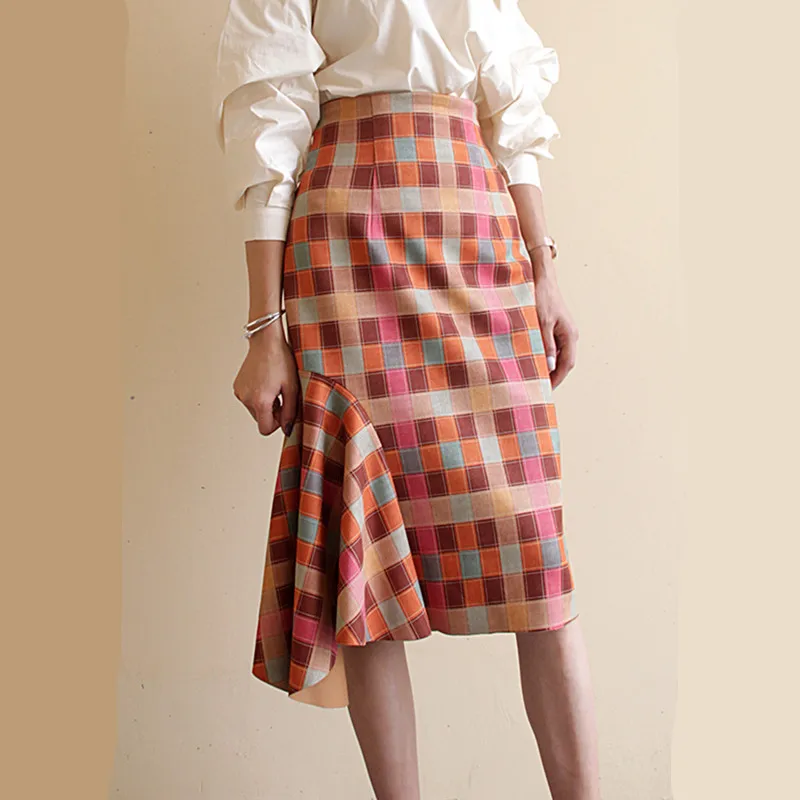 Free Shipping 2021 New Fashion Plaid Elegant Knee Length Women Skirts Pencil S-2XL High Waist Spring And Autumn Suede Skirts 2020 hot sale 10pcs 20pcs germany wima capacitor fkp1 2000v 330pf 331 p 15mm spot knee slappers audio capacitor free shipping