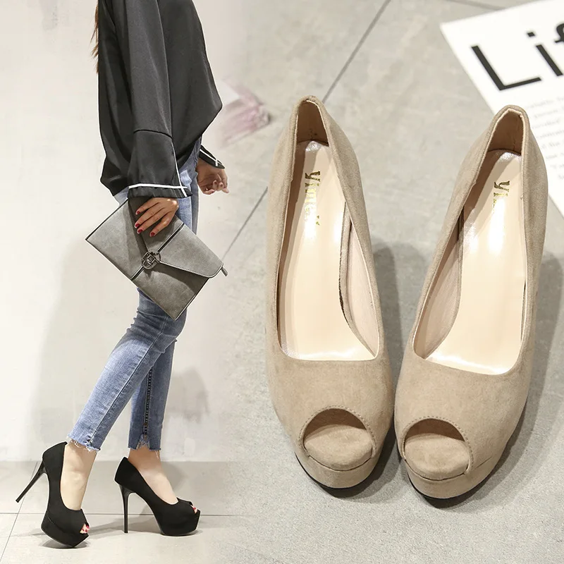 

Fashion Peep Toe Women Pumps 2019 Concise Flock Shallow High Heels 13CM Platform Office Women Shoes Nightclub Party Ladies Shoes