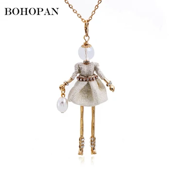 

Metal Doll Necklace Rhinestone Design Pearl Handbag Gold Dress Doll Long Necklace Girl Charm Maxi Jewelry Sweater Chain Bijoux