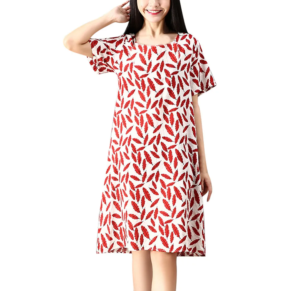 Women's dress Plus Size loose Cotton O Neck Knee Length