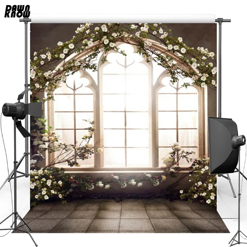 Window  flower arch Vinyl Photography Background Brick Ground Oxford Backdrop For Wedding photo studio Props CM6560