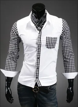 

New Turn Down Collar Men's Stripe Patchwork Casual Shirt Social Contrast Details Solid Color Shirt Full Sleeve
