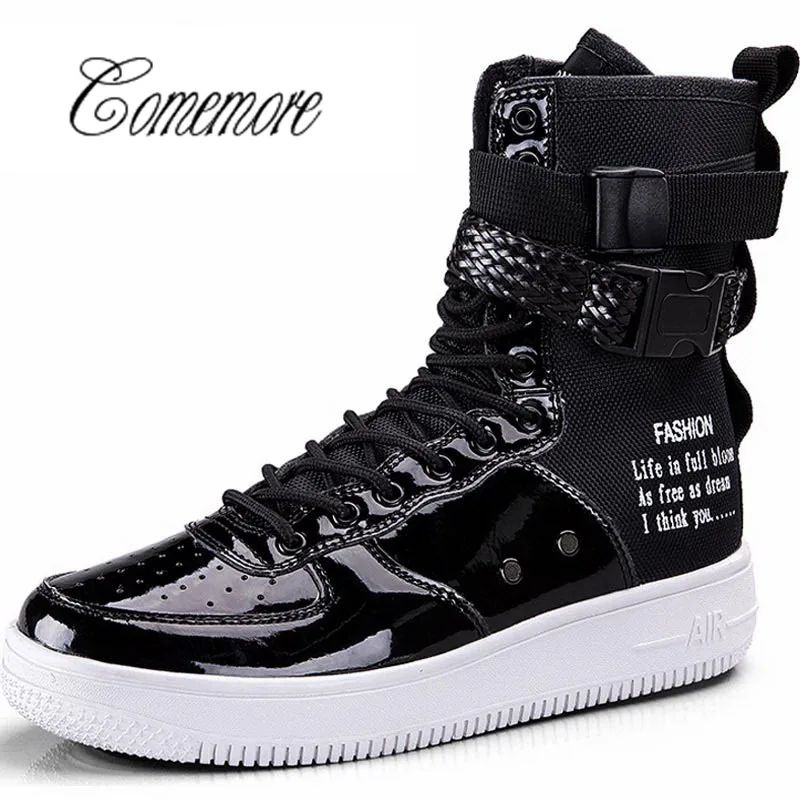 

Comemore Pu Leather Sport Shoes Man Sports Sneakers Women Running Shoes For Men High Top Mens Krasovki For Tennis Black