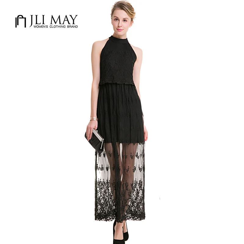 

JLI MAY black lace long party dress maxi Elegant evening women summer casual A-Line Halter see through sleeveless plus size