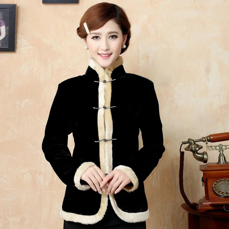 Черный Новинка Китайская традиционная Для женщин осень-зима велюр куртка M, L, XL, XXL 3XL 4XL TF 024