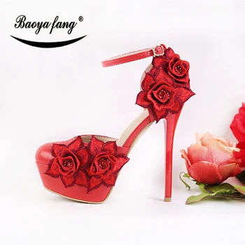 

BaoYaFang New Red Flower Womens wedding shoes with strap High heels platform shoes Ladies High Pumps free shipping