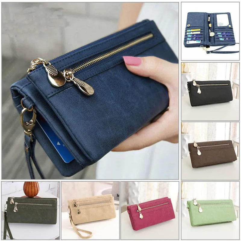 

Multifunction PU Leather Long Card Pack Practical Card Bag Solid Drawstring Nubuck Zipper Long Purse Card Holder Clutch