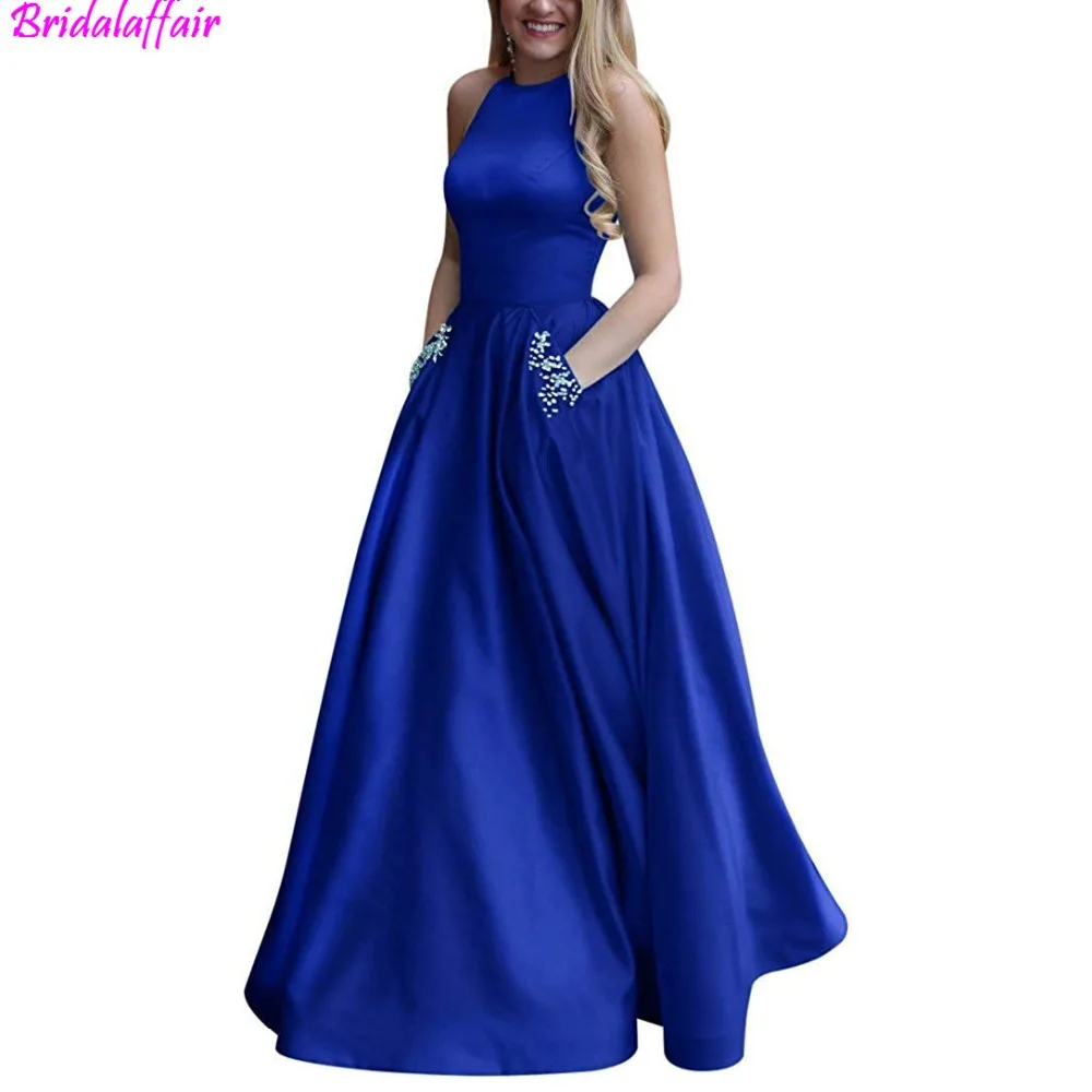 Women's royal blue dress Beaded Halter Satin Prom Dress A Line Open ...