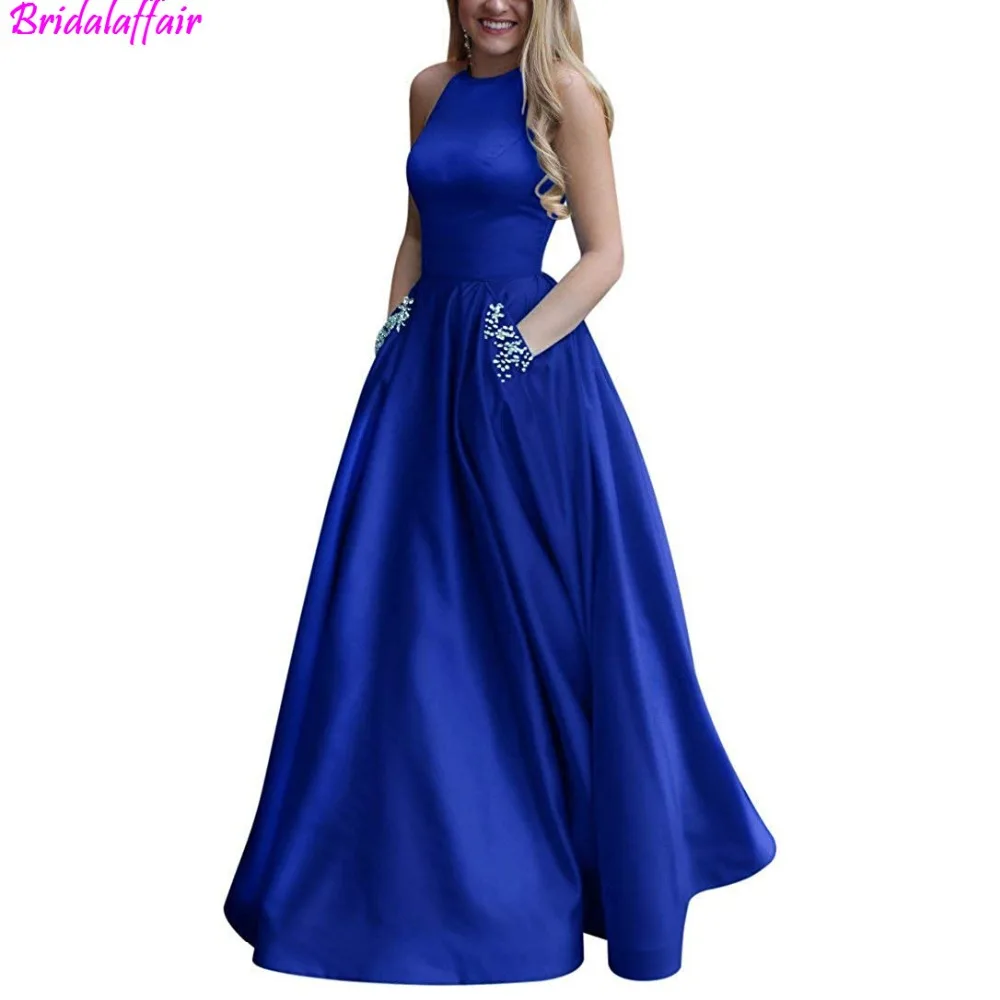 Women's royal blue dress Beaded Halter Satin Prom Dress A Line Open