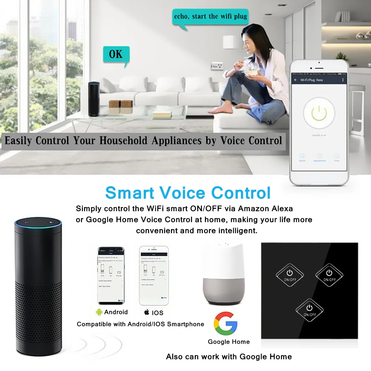 For Amazon Alexa Google Home Kit WIFI Smart Wall Light Remote Touch