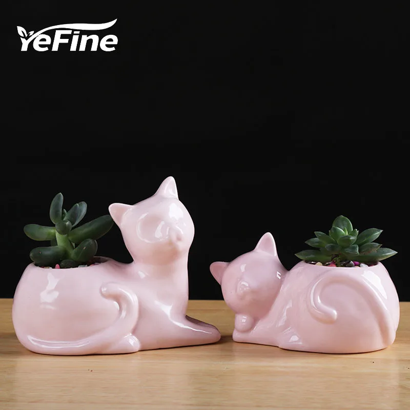

YeFine Cartoon Zakka Cat Ceramic Flower Pots For Mini Succulent Plants Home Garden Decor Cactus Flowerpots Dropshipping