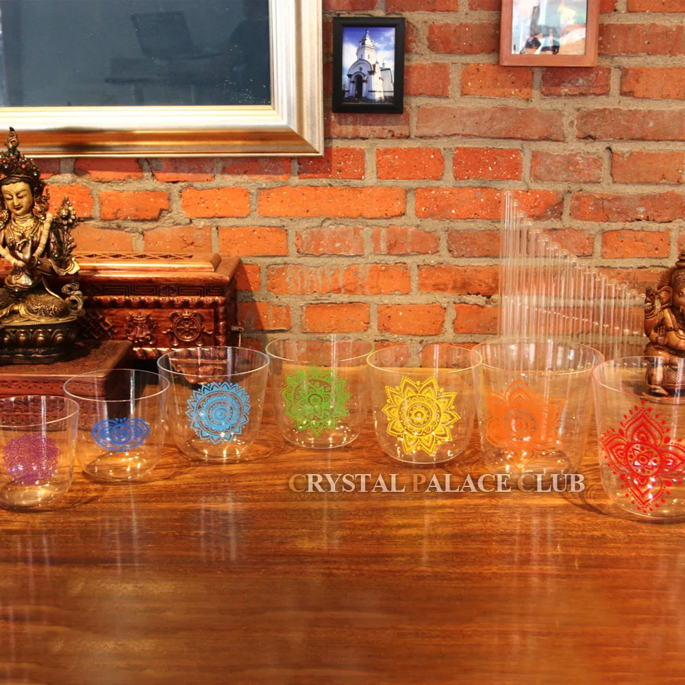 

7pcs one set clear crystal singing bowl with 7 chakra designs for sound healing 3th octave deep sound big size