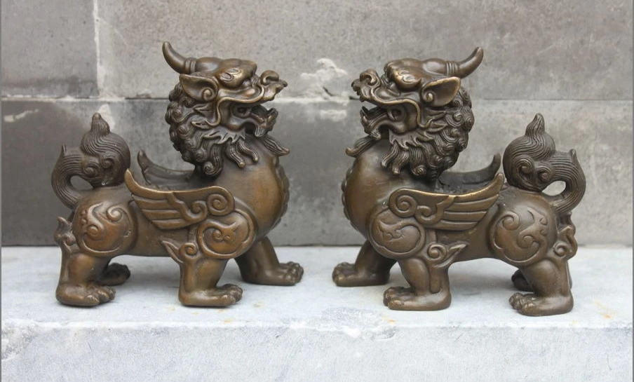 

Chinese Pure Bronze Evil Foo Dog Lion Kylin Kirin Palace Attract Wealth statue a 0518