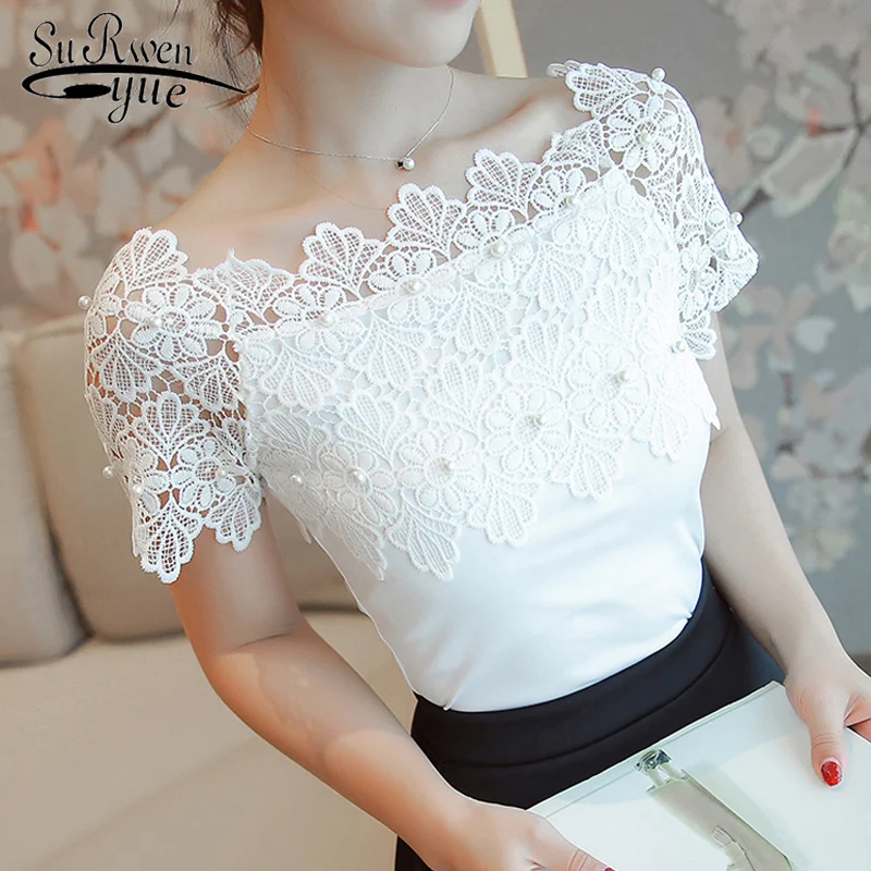 

Sexy slash neck women blouse shirt fashion 2019 Short Sleeve White beading Patchwork lace Women's clothing Tops blusas 80F 30