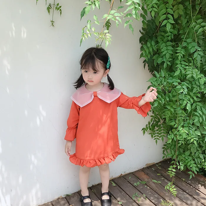

Korean style organza big turn-down collar casual dress for 2-7 years girls cotton long sleeve princess dresses