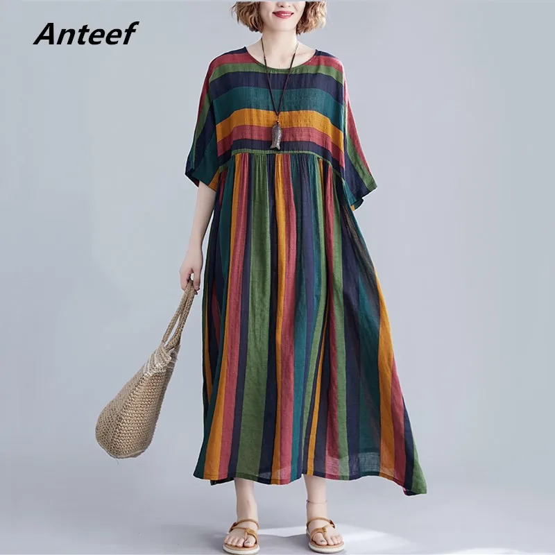 Najtaniej Bawełna plus rozmiar vintage stripe kobiety dorywczo luźna długa letnia sukienka eleganckie ubrania 2019 sukienki damskie sundress