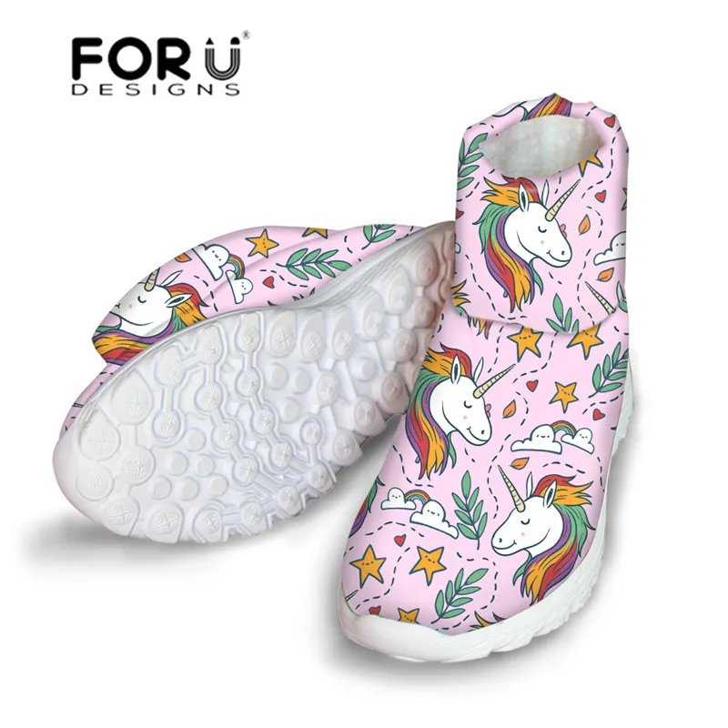 

FORUDESIGNS Winter Woman Boots Pink Unicorn Printing Women's Snow Boots Botines Mujer 2018 Ankle Botas for Ladies Flats Slip-on