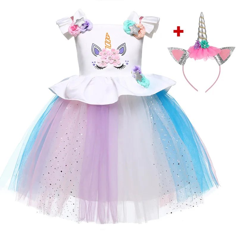 Рождественское платье с единорогом для девочек; Детские платья принцессы для девочек; свадебные платья; Косплей; вечерние платья с единорогом для девочек; vestidos - Цвет: A006-b 2 pcs