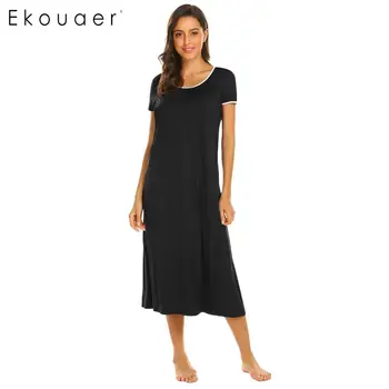 

Ekouaer Long Night Dress Sleepwear Women Casual O Neck Solid Short Sleeve Nightdress Sleepwear Lady Loose Chemise Nightgown