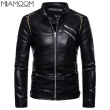 Новая мужская вышитая кожаная куртка с воротником-стойкой, тонкое кожаное пальто на молнии