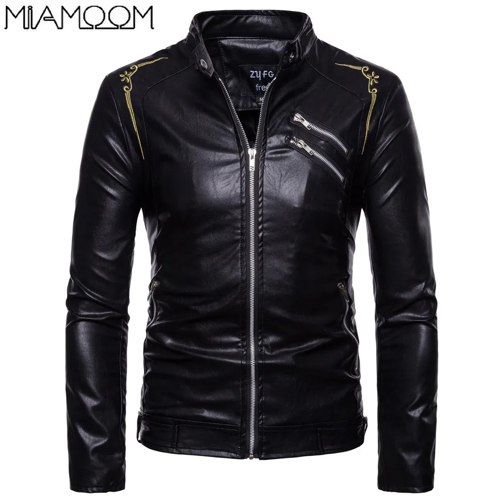 

2019 New Men's Men's Embroidered Leather Jacket with Stand Collar Slim Zipper Door Flap Leather Coat