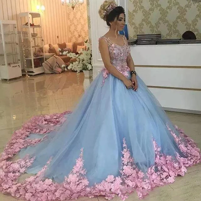 Baby Blue 3D Floral Masquerade Ball Gowns 2017 Luxury Cathedral Train Flowers Quinceanera Dresses Prom Gowns Sweety Girls 16 Years Dress199
