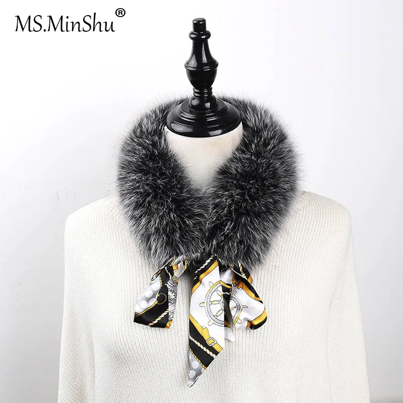 

MS.MinShu Fox Fur Scarf Real Fox Fur Scarf with Ribbon Short Women Scarf Genuine Fox Fur