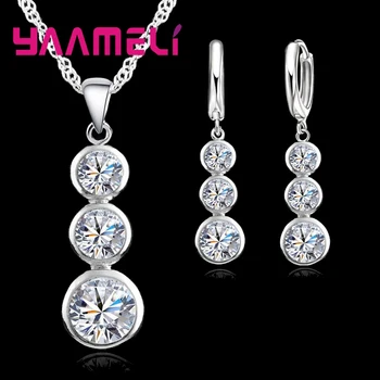 

New Fashionable 925 Sterling Silver Necklace Earrings Clear Crystal Cubic Zirconia Pendant Jewelry Sets For Women Gift