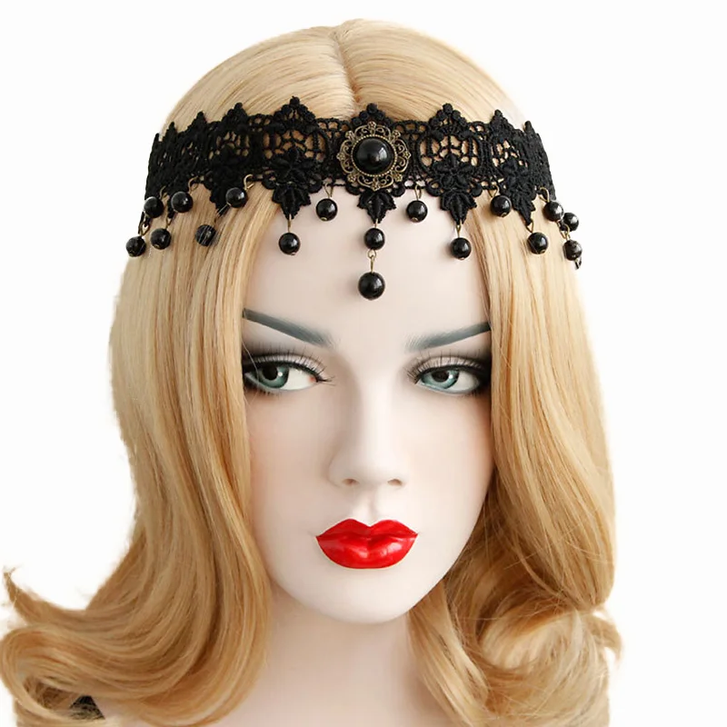 

Elastic Headband for Women Girl Gothic Bridal Wedding Black Flower Crown Lace Pearl Stone Drop Vintage Hair Headwrap Hairband