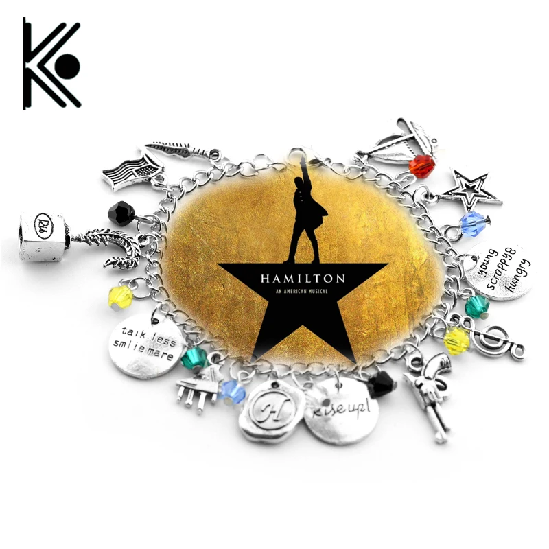 

free shipping Hamilton Broadway Musical "Rise up"Bracelet with Star,Gun,Music Symbol,Leaf Charms Lyrics H Bangle