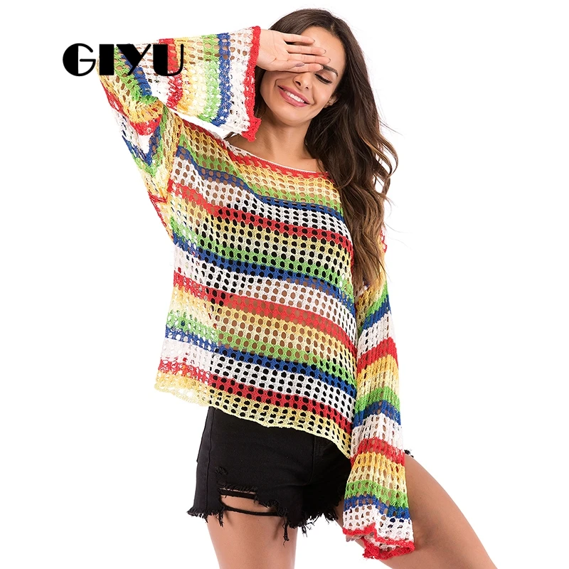 

GIYU Drop Shoulder Rainbow Sweater Hole Long Flare Sleeve Patchwork Loose Sweaters Female Pullover sueter mujer invierno 2019