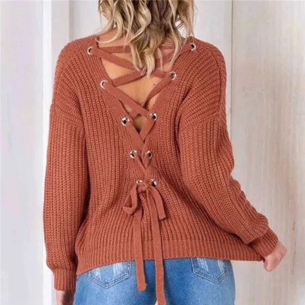 

Spring Women Sweaters Oversize Knitted Loose Back Cross Open Back Sweater Tops Sexy V Neck Bandage Sweaters Bow Lace-Up Pullover