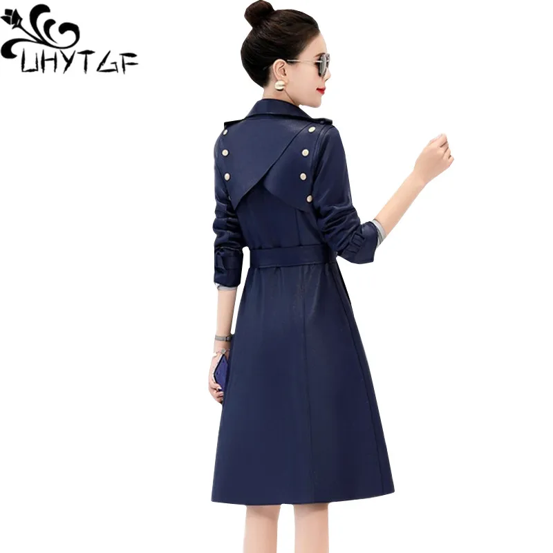 

UHYTGF New women windbreaker Double-breasted slim Long feminine coat temperament spring trench coat for women 3XL Plus size 551