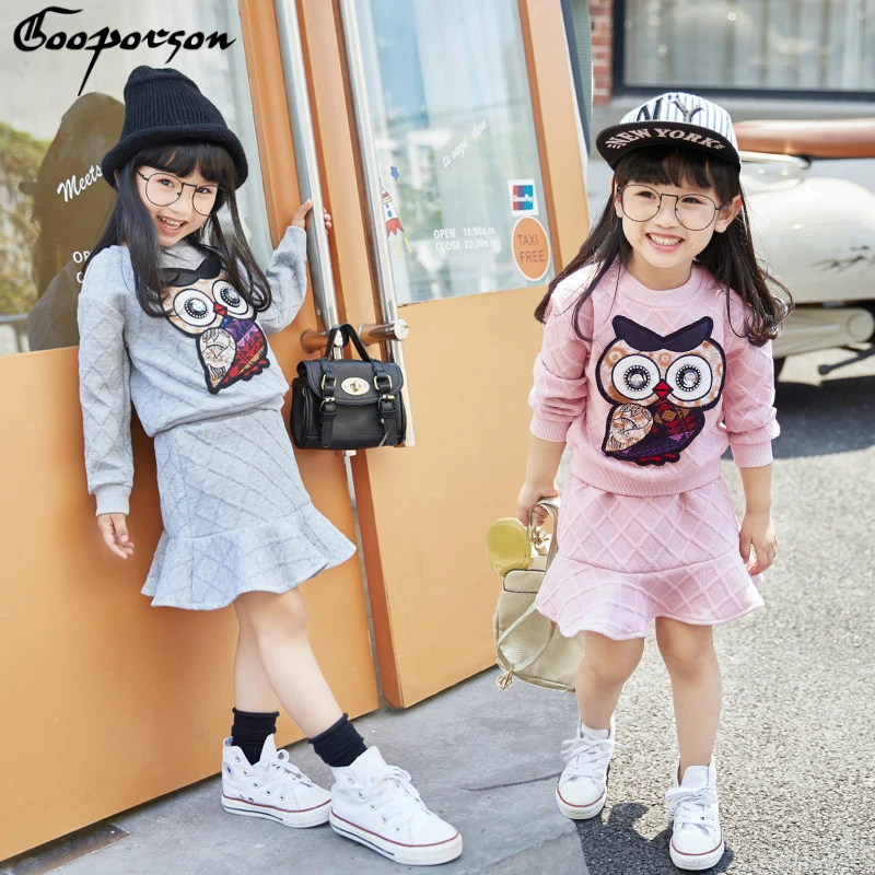 

Girl Clothes Set Long Sleeve Owl Autumn Clothing Suit Rhinestone Kid Girl Cute Animal High Quality Sets Shirt and Fishtail Skirt