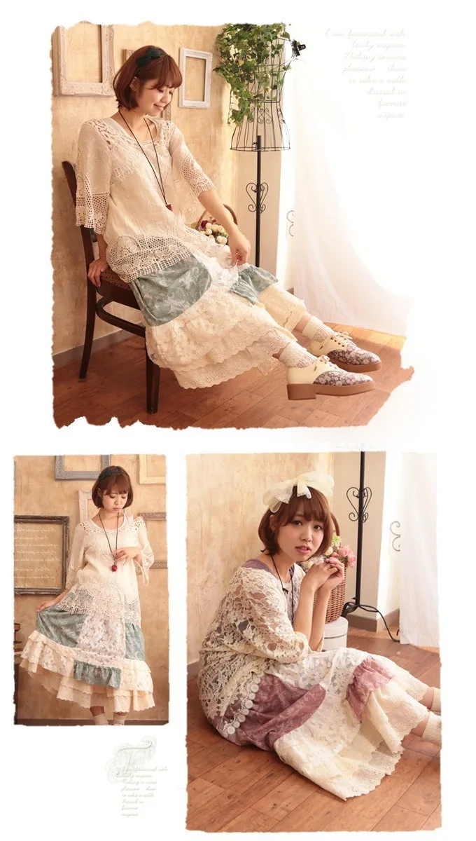 Японский Mori girl платье для женщин милые Свободные Лоскутные Танк дна кружевные цветочные без рукавов женское платье каваи C083