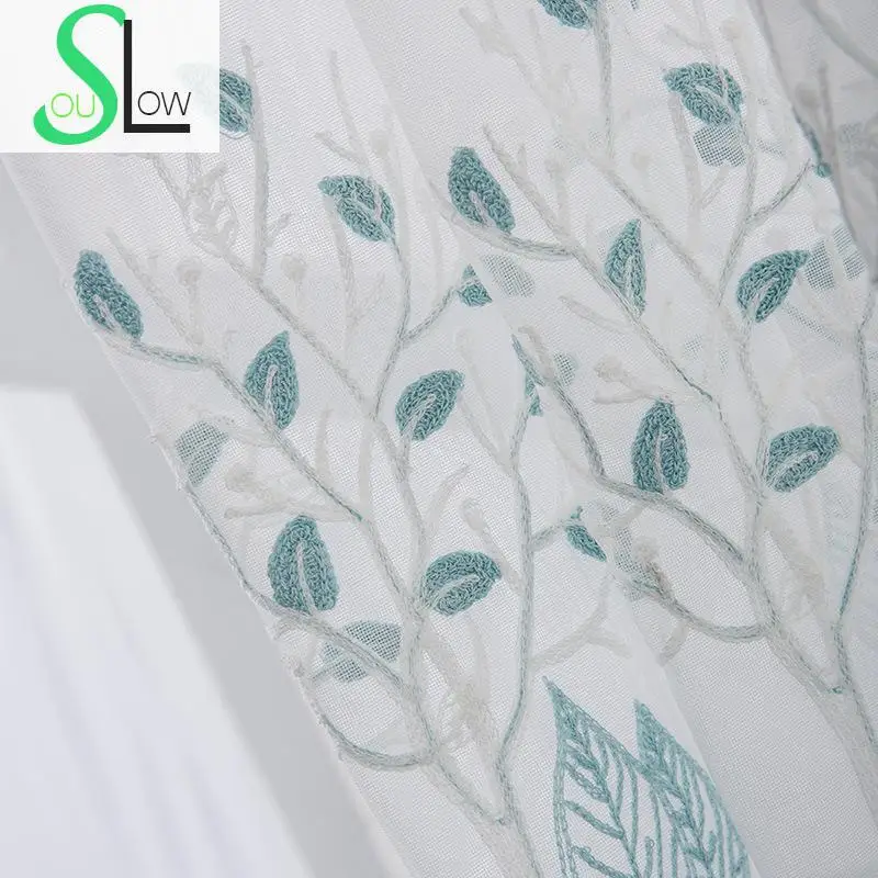 

Slow Soul Blue Tree Leaves Embroidery Curtain Curtains Tulle For Living Room Kitchen Bedroom Roman Sheer Blinds French Window
