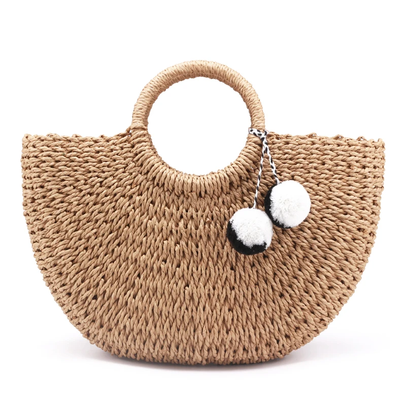 

2019 Handmade Bags Large Big Women Pompon Beach Weaving Ladies Straw Bag Wrapped Beach Bag Moon shaped Bag