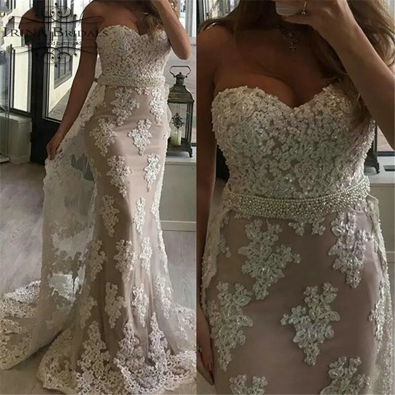 Brautkleid ремни с жемчужинами открытыми плечами кружева Шампанское Русалка