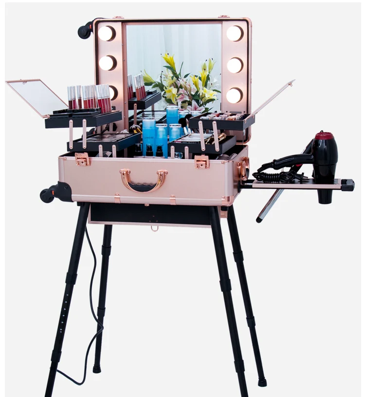 Алюминиевая коробочка для косметики освещенный чехол для макияжа с зеркалом на колесиках - Цвет: as picture
