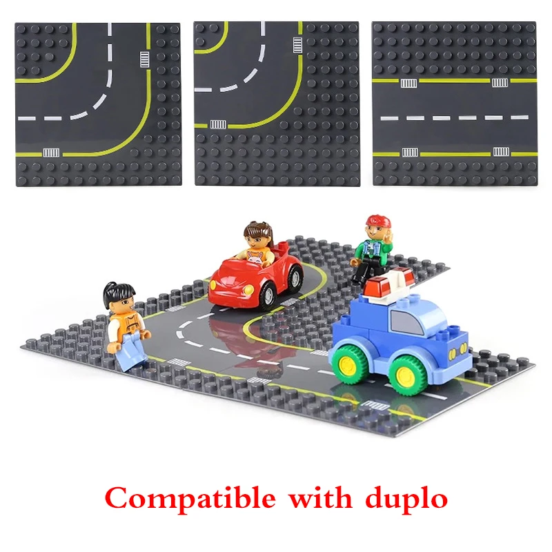 

Large Particle Road Plate Straight Crossroad Curve Building Block BasePlate Compatible LegoING Duploe Blocks Toy For Children