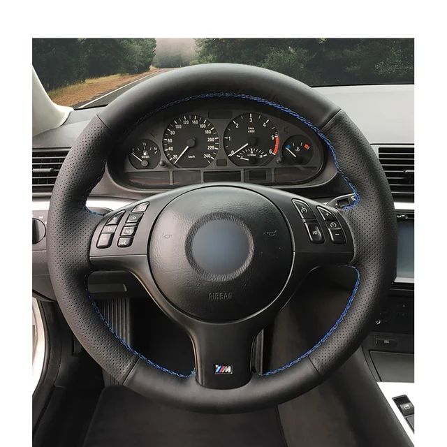 مخيط يدويا أسود بولي Leather الجلود الاصطناعية الجلود غطاء عجلة القيادة لسيارات BMW م الرياضة E46 330i 330Ci E39 540i 525i 530i M3 E46-2