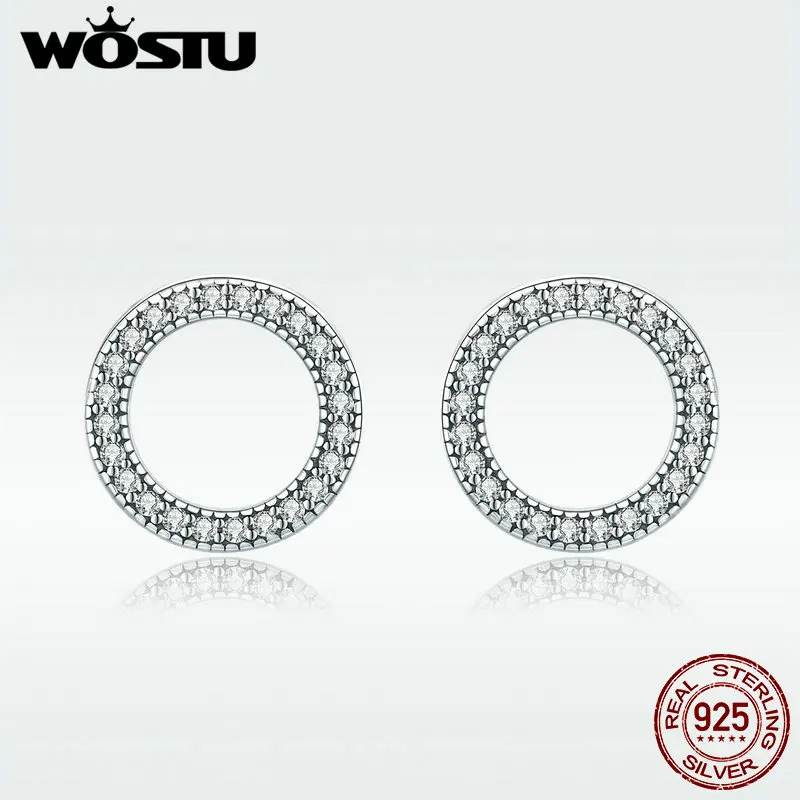 

WOSTU 925 Sterling Silver Glitter CZ Round Circle Stud Earring for Women Simple Design Wedding Engagement Earring Jewelry DXE417