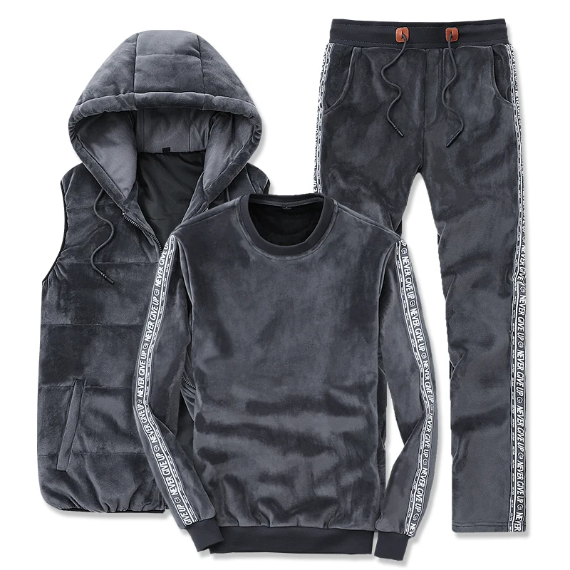 

Plus Size M-4XL Gold Velvet 3 Piece Set Sportswear Men Suit Set Side Letters Stripes Men Sports Suit Hooded Vest Tracksuit Pants
