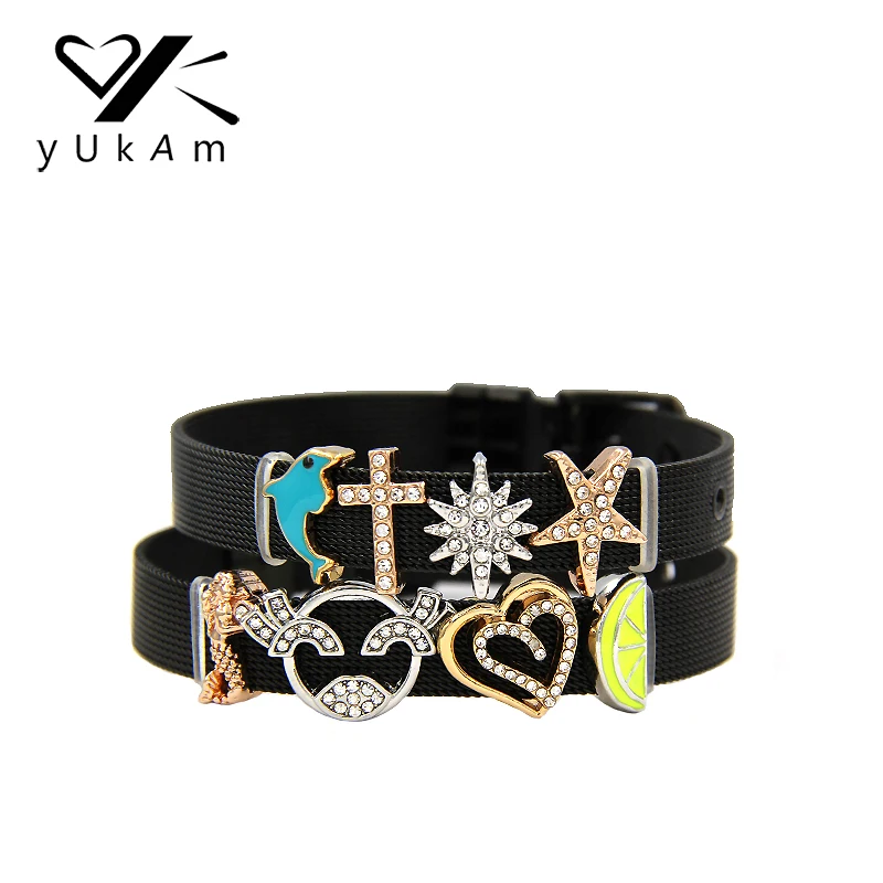 

YUKAM Slider Crystal Star Starfish Cross Blue Dolphin Mermaid Lemon Double Heart Slide Charms Keeper for Bracelet Jewelry Making