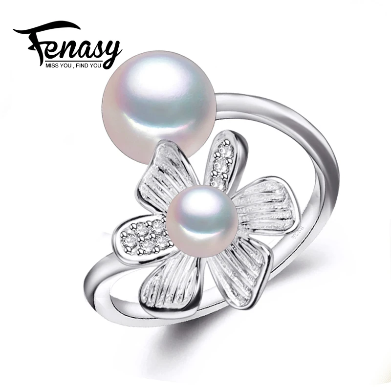 

FENASY PUNK bohemia 2018 New leaf Double Pearl Ring trendy natural Pearl Adjustable charms Rings for women pearl flower Jewelry